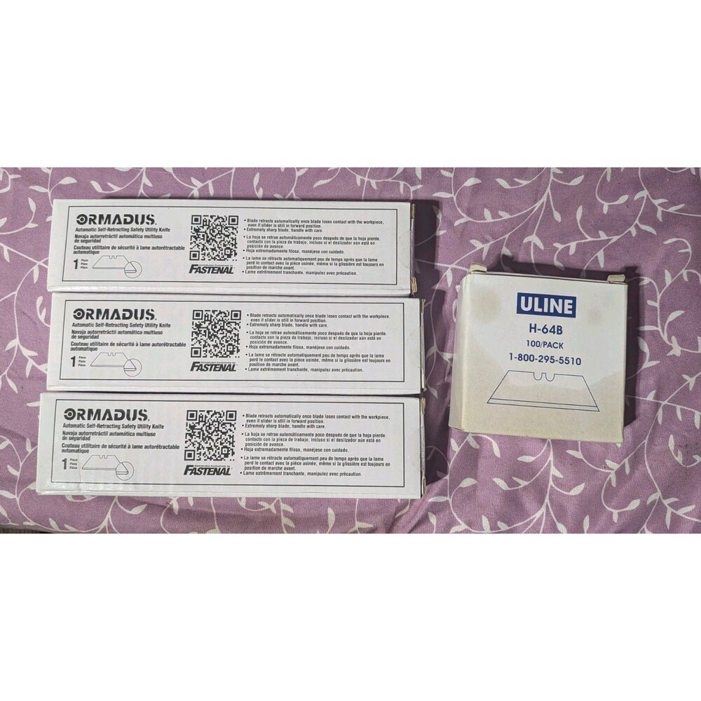 Lot of 3 Fastenal Ormadus Safety Knives 8297542 & 80 Uline H-64B Blades